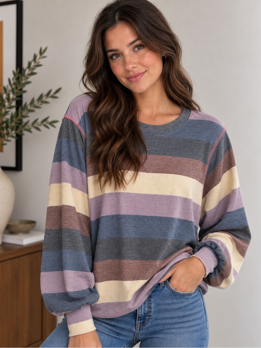 Ces Femme Pastel Striped Relaxed Crewneck Sweatshirt